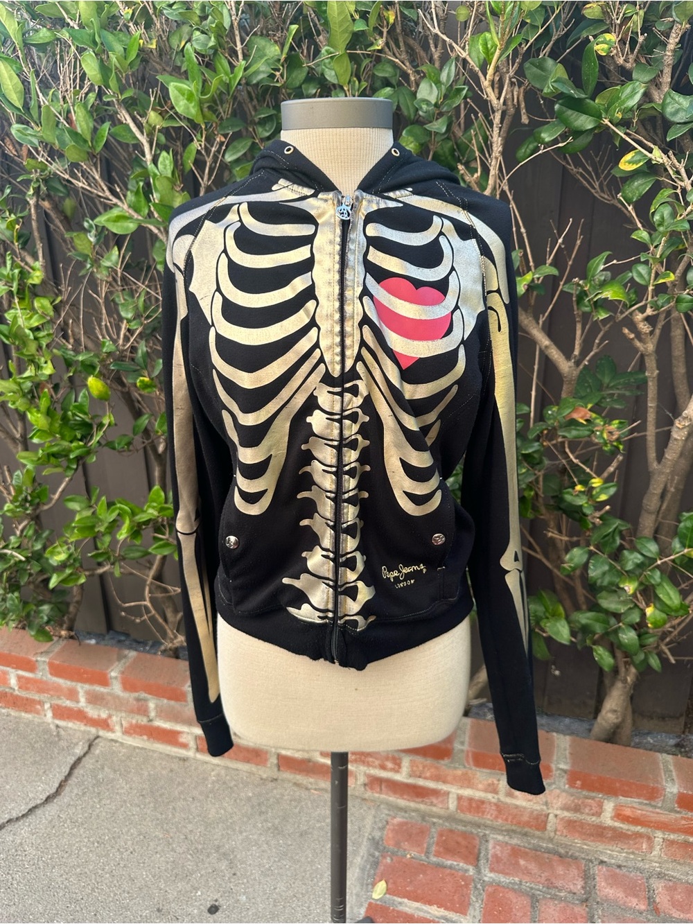 Pepe Jeans Black Bomber Jacket with Gold Skeleton and Pink Heart